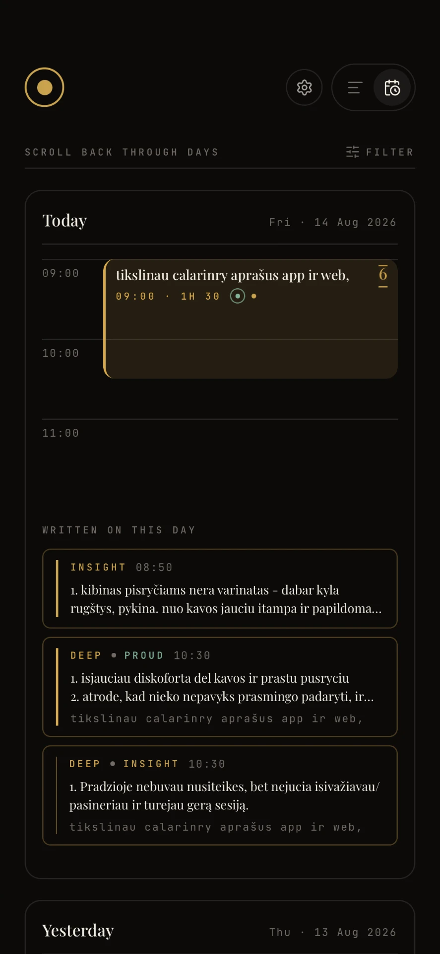 Clarinty calendar view with timed blocks and reflections